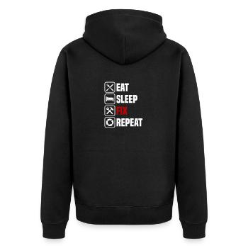 Essen schlafen reparieren wiederholen - Unisex Premium Bio Zip Hoodie - Schwarz - Hinten - Nico (187cm)