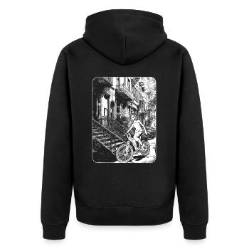 NYC Comic-Bild: unverwechselbares Design für Biker - Unisex Premium Bio Zip Hoodie - Schwarz - Hinten - Nico (187cm)