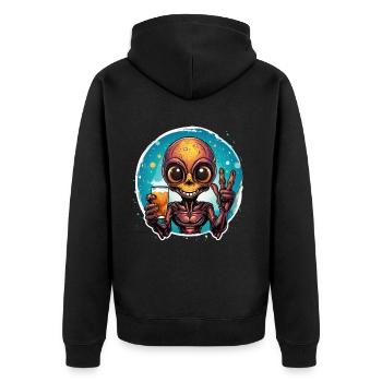 Alien trinkt ein Bier und freut sich dabei. - Unisex Premium Bio Zip Hoodie - Schwarz - Hinten - Nico (187cm)