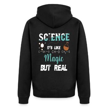 WISSENSCHAFT IST WIE MAGIE, ABER EIN ECHTER GEEK-W - Unisex Premium Bio Zip Hoodie - Schwarz - Hinten - Nico (187cm)