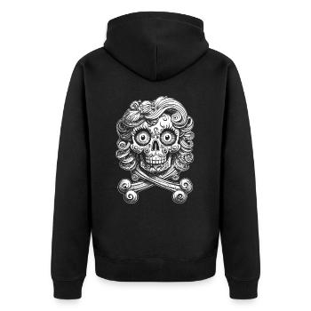 Lockige Knochen: Lässiges Totenkopf-Tattoo-Shirt - Unisex Premium Bio Zip Hoodie - Schwarz - Hinten - Nico (187cm)