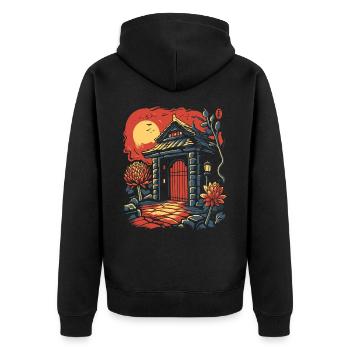 Asiatique Japonais Cartoon Floral Gate Hut - Veste à capuche bio Premium Unisexe - noir - Dos - Nico (187cm)