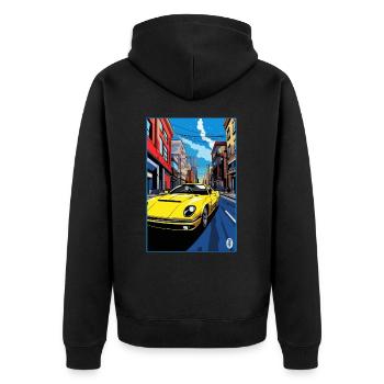 Pop-Art Cartoon Sportwagen in den Straßen - Unisex Premium Bio Zip Hoodie - Schwarz - Hinten - Nico (187cm)