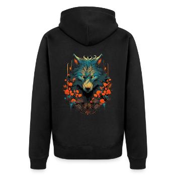 Wolf Wolfskopf Mystisch Blumen Natur Wildnis Kunst - Unisex Premium Bio Zip Hoodie - Schwarz - Hinten - Nico (187cm)