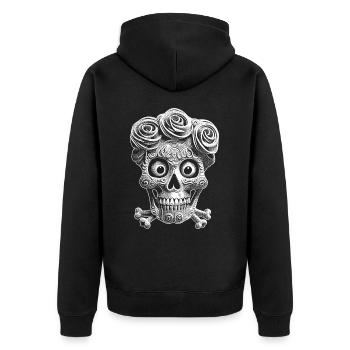 Tag der Toten T-Shirt mit Knochenkreuz-Raffinesse. - Unisex Premium Bio Zip Hoodie - Schwarz - Hinten - Nico (187cm)