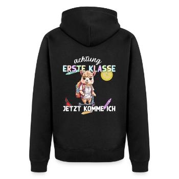 Erste Klasse Lama Alpaka Einschulung Motiv - Unisex Premium Bio Zip Hoodie - Schwarz - Hinten - Nico (187cm)