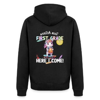Licorne mignonne premier jour d’école école de skateboard - Veste à capuche bio Premium Unisexe - noir - Dos - Nico (187cm)