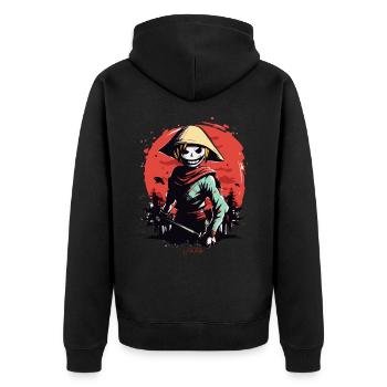 Schlanker Reisbauer Zombie Samurai - Unisex Premium Bio Zip Hoodie - Schwarz - Hinten - Nico (187cm)