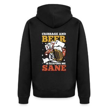 Cribbage And Beer Is Keeping Me Sane - Unisex Premium Bio Zip Hoodie - Schwarz - Hinten - Nico (187cm)