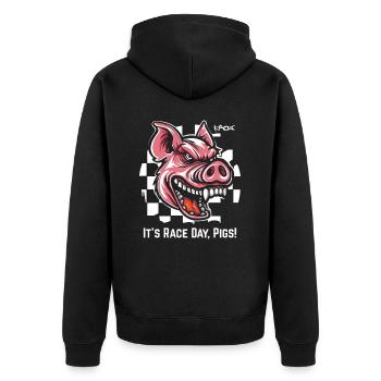 Always Ready for Race, Checkered Flag Pig - Unisex Premium Organic Zip Hoodie - black - Back - Nico (187cm)