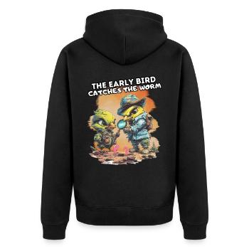 THE EARLY BIRD CATCHES THE WORM. Spaß, Fun, Cool, - Unisex Premium Organic Zip Hoodie - black - Back - Nico (187cm)