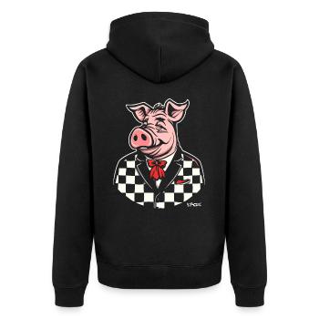 Checker, ein pummeliges Schwein im Stil der 50er - Unisex Premium Bio Zip Hoodie - Schwarz - Hinten - Nico (187cm)