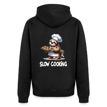 Chefkoch Faultier Slow Cooking für einen Koch - Unisex Premium Bio Zip Hoodie - Schwarz - Hinten - Nico (187cm)