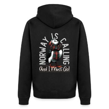 Norway, Puffins, Norway Is Calling - Unisex Premium Organic Zip Hoodie - black - Back - Nico (187cm)