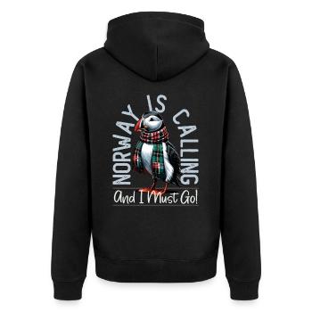 Norway, Puffins, Norway Is Calling - Unisex Premium Organic Zip Hoodie - black - Back - Nico (187cm)