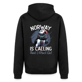 Norway, Puffins, Norway Is Calling - Unisex Premium Organic Zip Hoodie - black - Back - Nico (187cm)