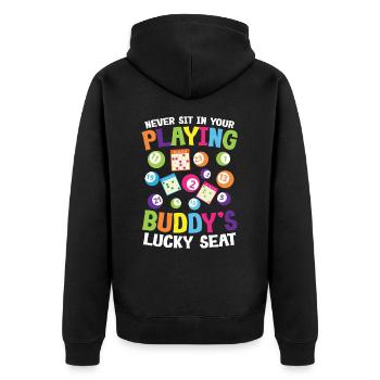 Never Sit In Your Playing Buddy's Lucky - Unisex Premium Bio Zip Hoodie - Schwarz - Hinten - Nico (187cm)