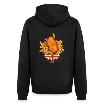 Britische Flagge und Fish and Chips - Unisex Premium Bio Zip Hoodie - Schwarz - Hinten - Nico (187cm)