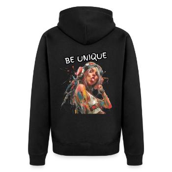 BE UNIQUE. Self-loyalty, self-confident, individual, - Unisex Premium Organic Zip Hoodie - black - Back - Nico (187cm)