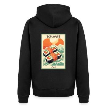 Parodie japanisches Werbeplakat: Wellen von Sushi - Unisex Premium Bio Zip Hoodie - Schwarz - Hinten - Nico (187cm)