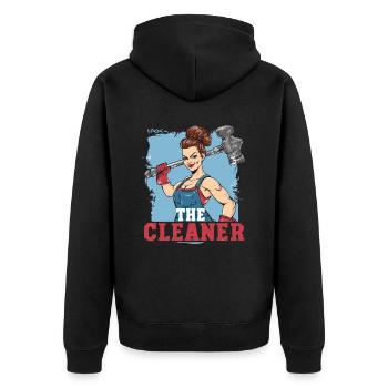 Eine Putzfrau mit einem großen Hammer - Unisex Premium Bio Zip Hoodie - Schwarz - Hinten - Nico (187cm)