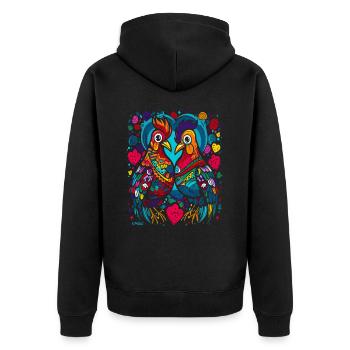Des poules dans un monde coloré et fantaisiste d’amour - Veste à capuche bio Premium Unisexe - noir - Dos - Nico (187cm)