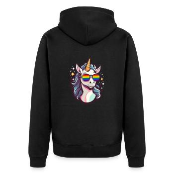 LGBTQ Einhorn mit Sonnenbrille Regenbogen Fahne - Unisex Premium Bio Zip Hoodie - Schwarz - Hinten - Nico (187cm)