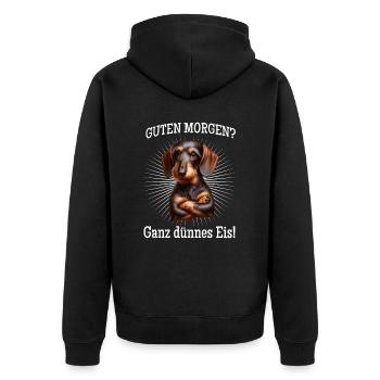 Guten Morgen? Ganz dünnes Eis! - Dackel - Unisex Premium Bio Zip Hoodie - Schwarz - Hinten - Nico (187cm)
