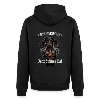 Guten Morgen? Ganz dünnes Eis! - Dackel - Unisex Premium Bio Zip Hoodie - Schwarz - Hinten - Nico (187cm)
