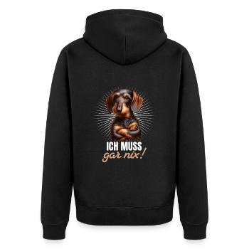 Ich muss gar nix - Dackel Teckel - Unisex Premium Bio Zip Hoodie - Schwarz - Hinten - Nico (187cm)