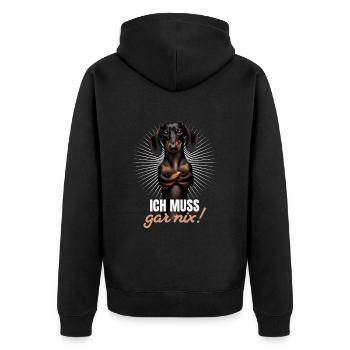 Ich muss gar nix - Dackel Teckel - Unisex Premium Bio Zip Hoodie - Schwarz - Hinten - Nico (187cm)