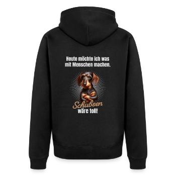 Was mit Menschen machen, schubsen wäre toll - Unisex Premium Bio Zip Hoodie - Schwarz - Hinten - Nico (187cm)