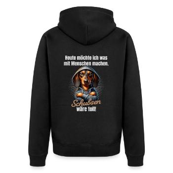 Was mit Menschen machen, schubsen wäre toll - Unisex Premium Bio Zip Hoodie - Schwarz - Hinten - Nico (187cm)