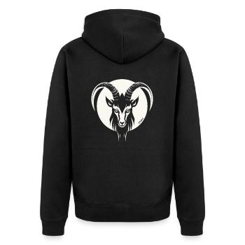 Das Motiv eines Ziegenbock, eine Ziege - Unisex Premium Bio Zip Hoodie - Schwarz - Hinten - Nico (187cm)