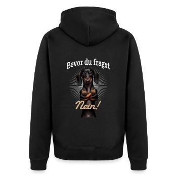 Bevor du fragst Nein! - Dackel Teckel - Unisex Premium Bio Zip Hoodie - Schwarz - Hinten - Nico (187cm)
