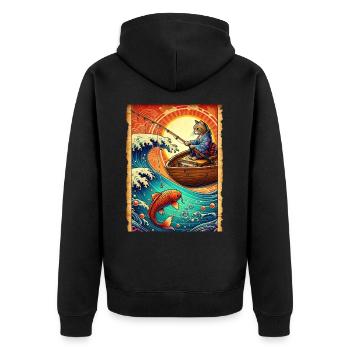 Japanischer Karpfenfischer Kätzchen Retro Papyrus - Unisex Premium Bio Zip Hoodie - Schwarz - Hinten - Nico (187cm)