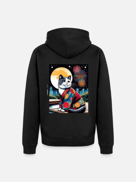 Moon Fireworks Floral Japanese Kitten Retro - Unisex Premium Organic Zip Hoodie - black