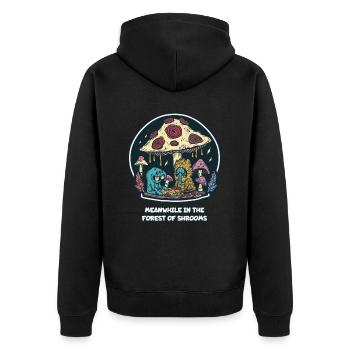 Mittlerweile im magischen Wald der Pilze - Unisex Premium Bio Zip Hoodie - Schwarz - Hinten - Nico (187cm)