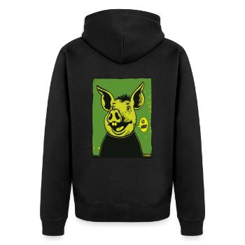 Grünes Cartoon-Schwein sagt: "Hau ab!" - Unisex Premium Bio Zip Hoodie - Schwarz - Hinten - Nico (187cm)