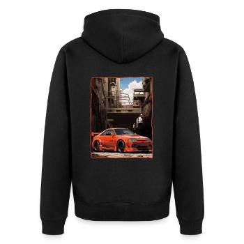 Brutalismus Anime JDM Auto - Unisex Premium Bio Zip Hoodie - Schwarz - Hinten - Nico (187cm)