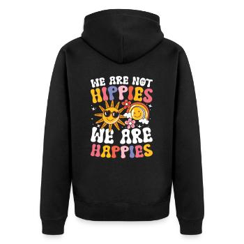 We Are Not Hippies We Are Happies für einen - Unisex Premium Bio Zip Hoodie - Schwarz - Hinten - Nico (187cm)
