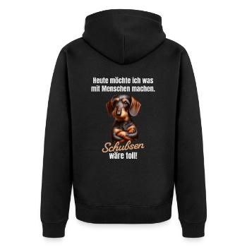 Was mit Menschen machen, schubsen wäre toll - Unisex Premium Bio Zip Hoodie - Schwarz - Hinten - Nico (187cm)