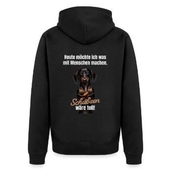 Was mit Menschen machen, schubsen wäre toll - Unisex Premium Bio Zip Hoodie - Schwarz - Hinten - Nico (187cm)