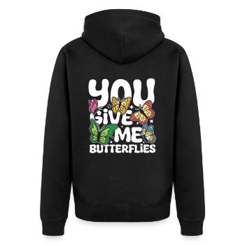 You Give Me Butterflies - Unisex Premium Bio Zip Hoodie - Schwarz - Hinten - Nico (187cm)