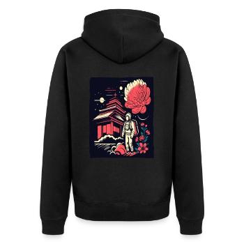 Astronaut vor japanischem Tempel mit Blumen - Unisex Premium Bio Zip Hoodie - Schwarz - Hinten - Nico (187cm)