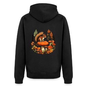 Herbst Eichhörnchen auf Orange Pilz Wald Szene - Unisex Premium Bio Zip Hoodie - Schwarz - Hinten - Nico (187cm)