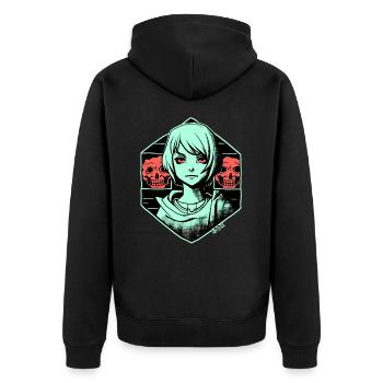 Kunst: Fiktives Cartoon Anime Mädchen und Horror - Unisex Premium Bio Zip Hoodie - Schwarz - Hinten - Nico (187cm)