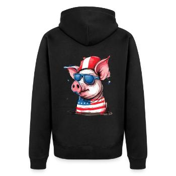Pigtriotian Patriot: Pig of the USA - Unisex Premium Organic Zip Hoodie - black - Back - Nico (187cm)