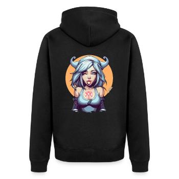 Die antike Göttin des Unfugs und der Streiche - Unisex Premium Bio Zip Hoodie - Schwarz - Hinten - Nico (187cm)
