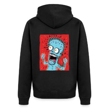 Cartoonkunst eines verrückten Typen - Unisex Premium Bio Zip Hoodie - Schwarz - Hinten - Nico (187cm)